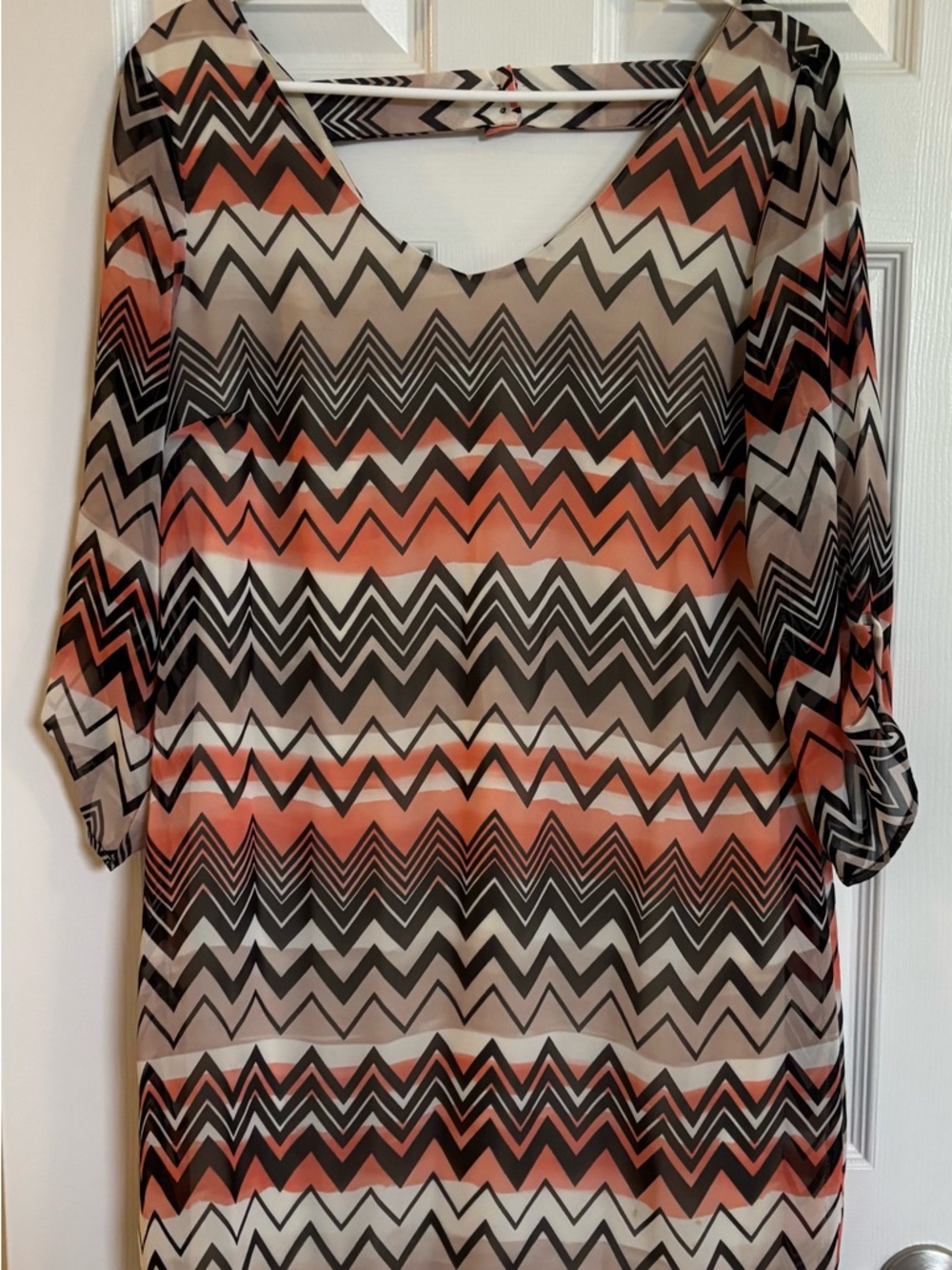 Lily Rose Chevron-Print V-Neck Tunic in Coral, Black and Cream